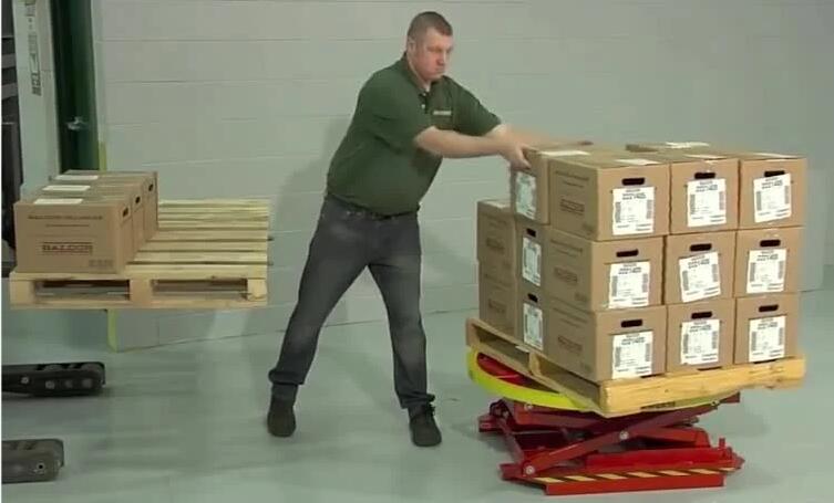 360 Spring Pallet Positioner Man-Removing-Boxes-Off-Of-Pallet-Positioner